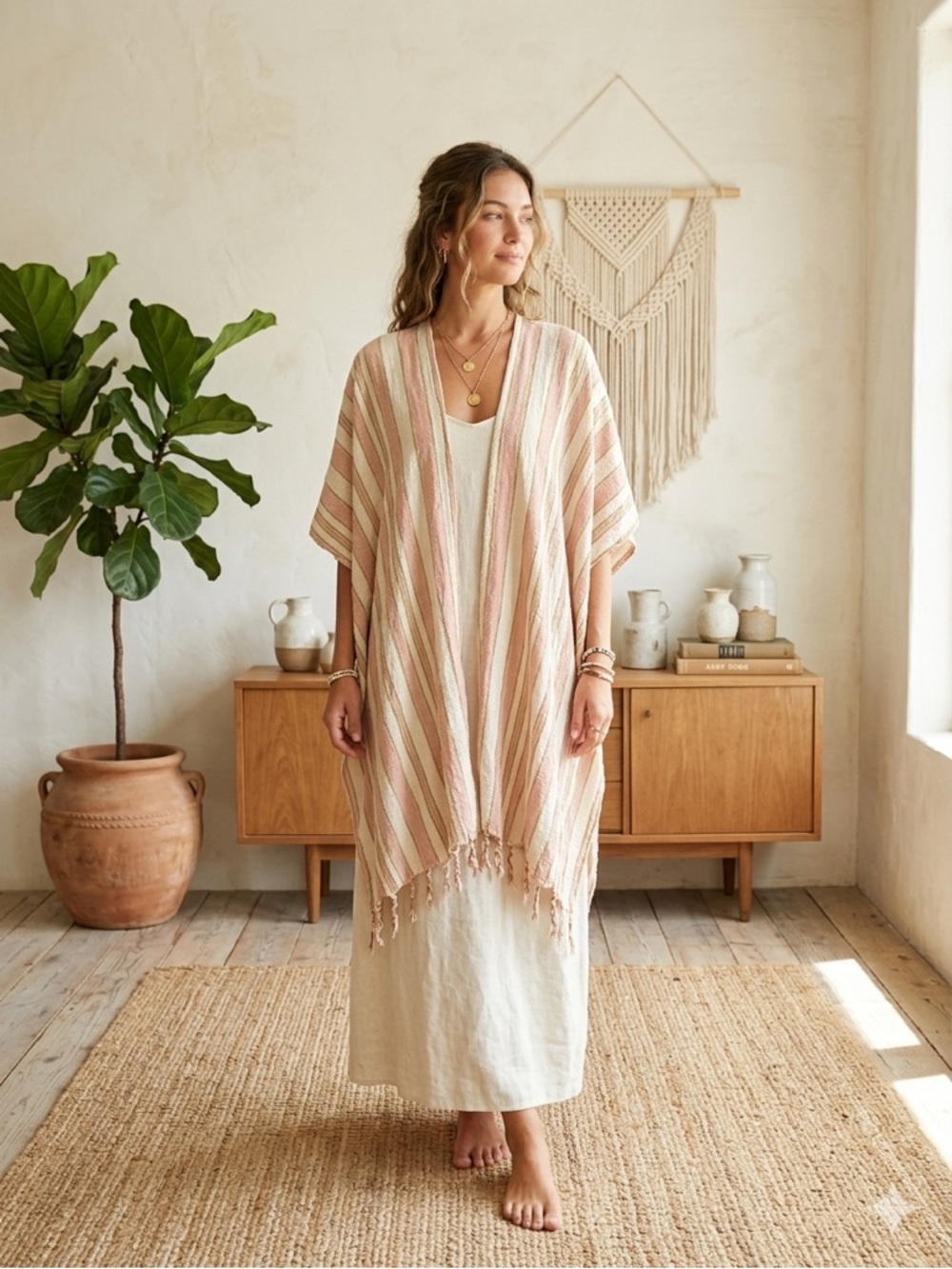 Rays For Days Boho Striped Fringe Poncho Coverup Coral White Coastal Minimalist